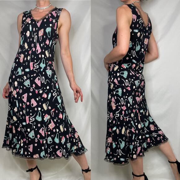 Vintage 90s Y2K handbag heart print midi slip dress ruffle trim bias cut fairy L - Picture 14 of 14